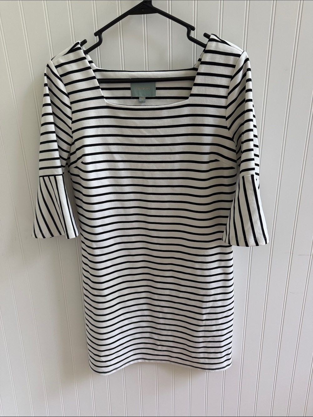 (358)Skies Are Blue Black and White Striped Midi Dress